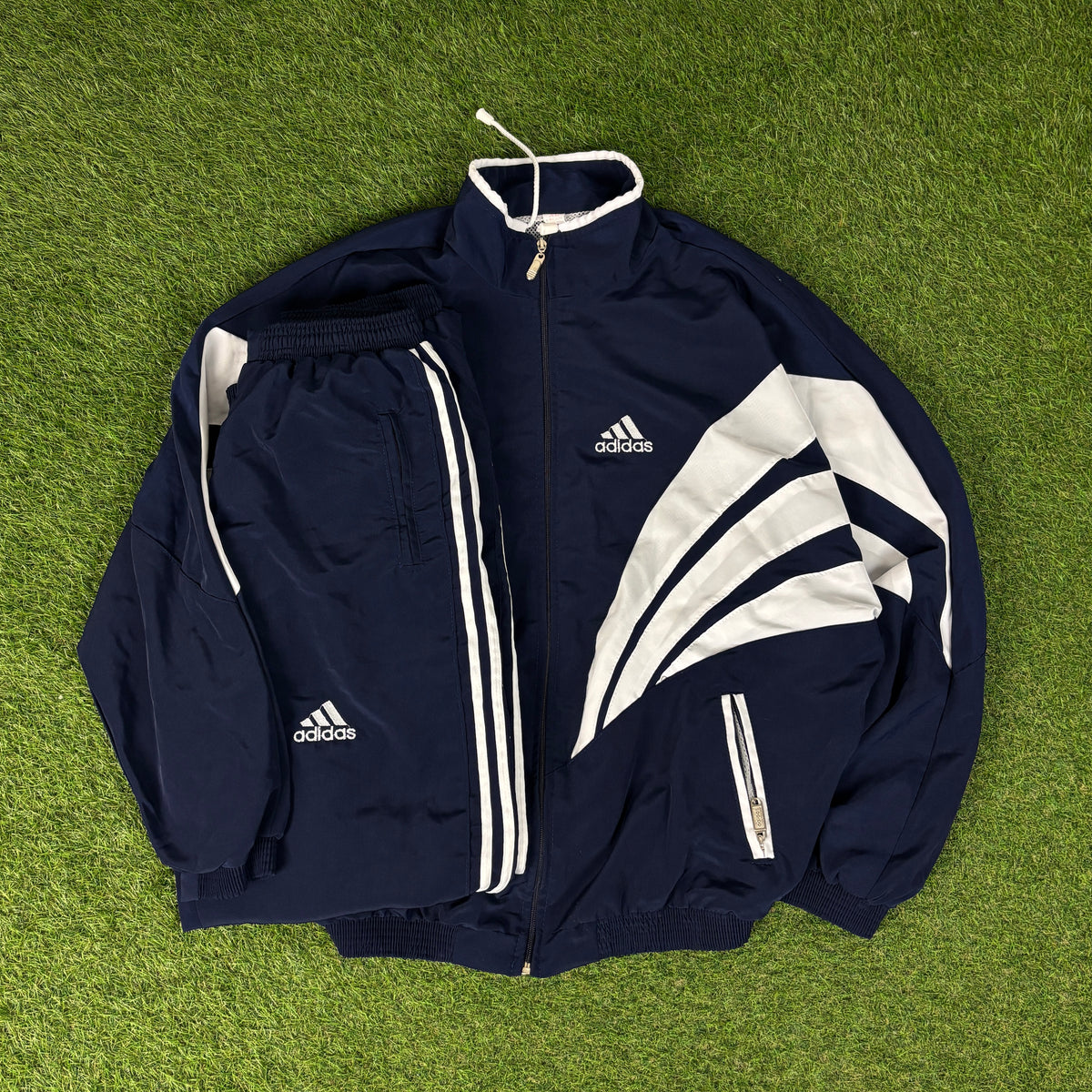 90s Adidas Piping Windbreaker Tracksuit Set Jacket + Joggers Blue XL