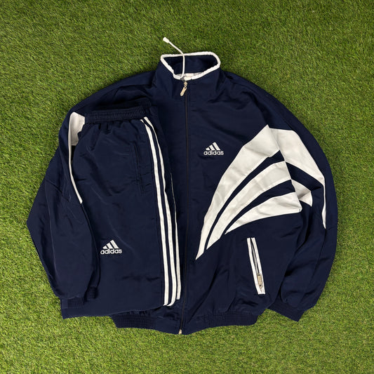 90s Adidas Piping Windbreaker Tracksuit Set Jacket + Joggers Blue XL