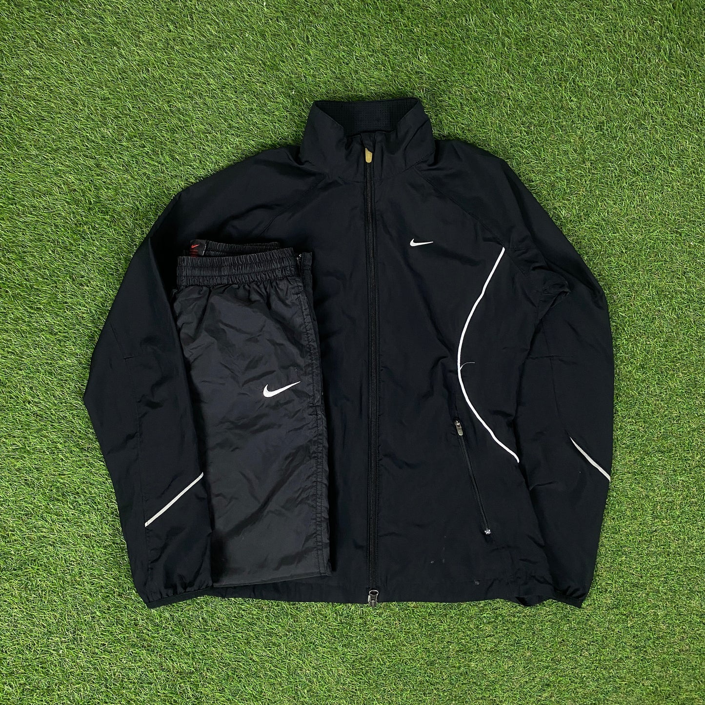 00s Nike Piping Windbreaker Jacket + Joggers Set Black Small