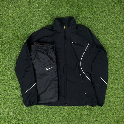 00s Nike Piping Windbreaker Jacket + Joggers Set Black Small