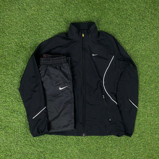 00s Nike Piping Windbreaker Jacket + Joggers Set Black Small