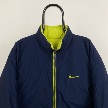 90s Nike Reversible Puffer Coat Jacket Blue Yellow Large