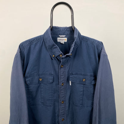00s Carhartt Button Down Work Wear T-Shirt Blue XL