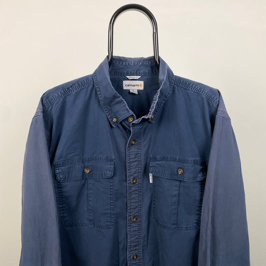 00s Carhartt Button Down Work Wear T-Shirt Blue XL