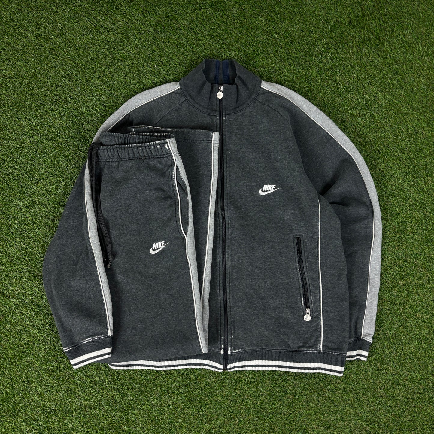 00s Nike Cotton Tracksuit Jacket + Joggers Set Grey Large