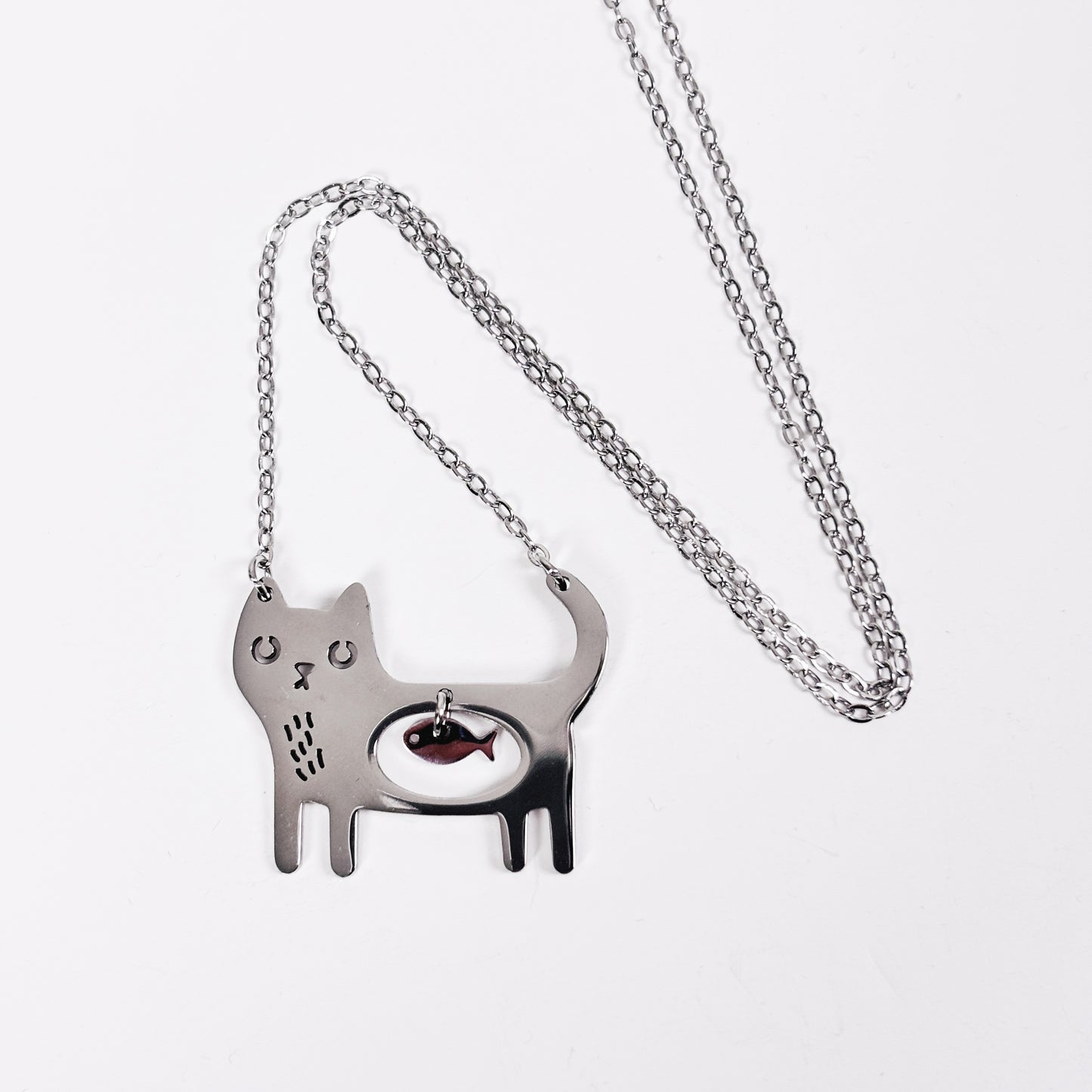 Hungry Cat Charm Necklace Silver