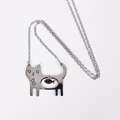 Hungry Cat Charm Necklace Silver