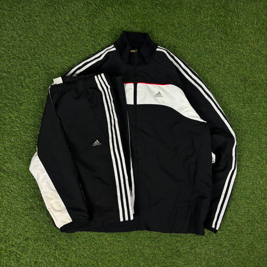 00s Adidas Piping Tracksuit Jacket + Joggers Set Black Large