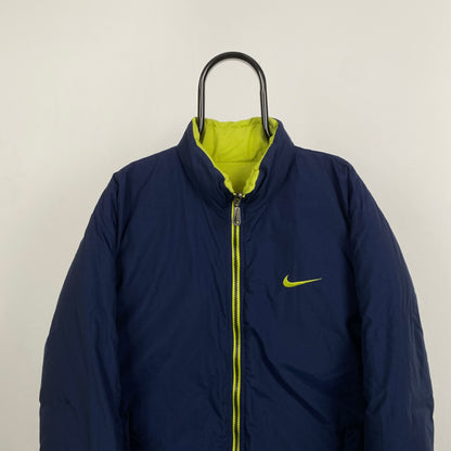 90s Nike Reversible Puffer Coat Jacket Blue Yellow Large