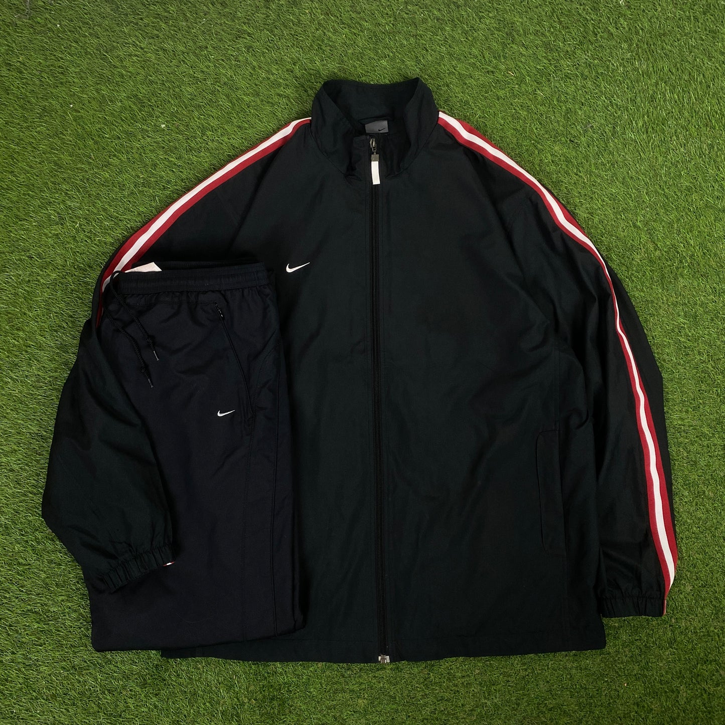 00s Nike Piping Windbreaker Tracksuit Set Jacket + Joggers Black XL