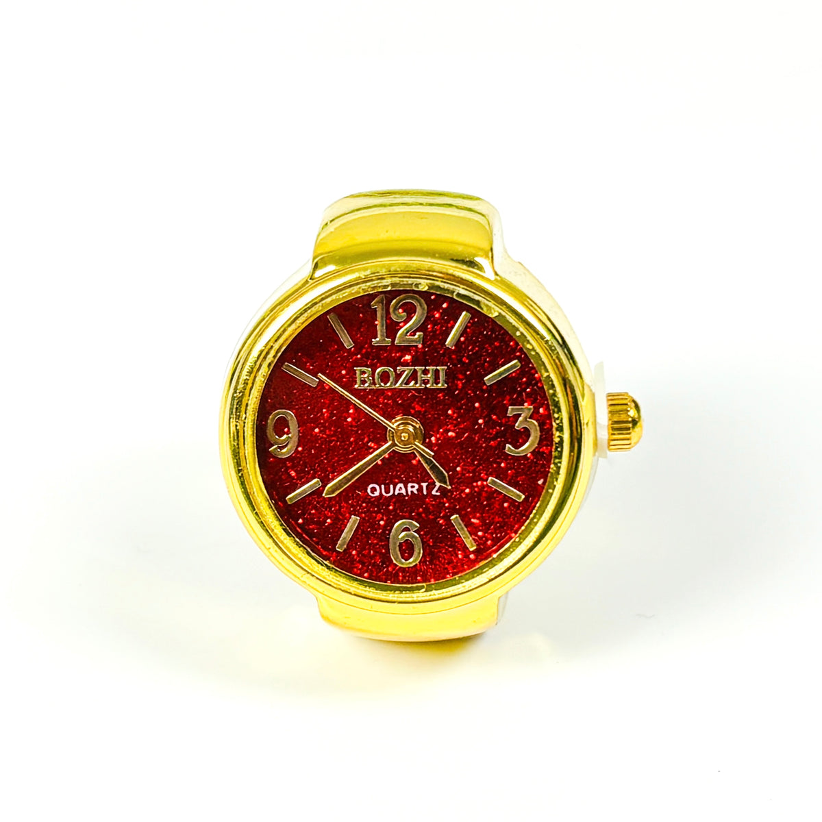 A wrist watch with a gold-tone case and strap, featuring a glittery red round dial with gold-tone numerals and hands. The brand name 'BOZHI' is printed on the dial.