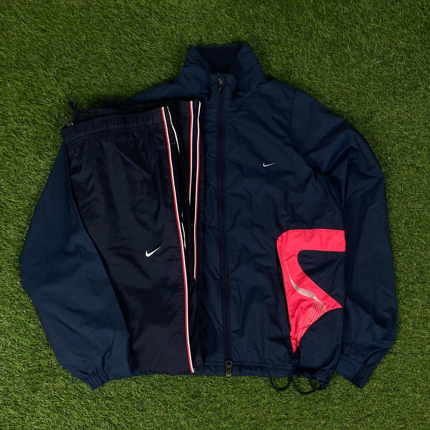 00s Nike Piping Windbreaker Jacket + Joggers Set Blue Small
