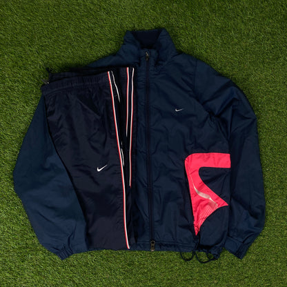 00s Nike Piping Windbreaker Jacket + Joggers Set Blue Small