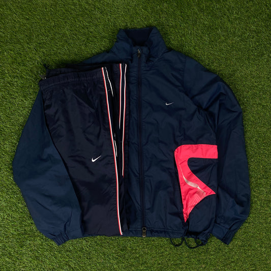 00s Nike Piping Windbreaker Jacket + Joggers Set Blue Small