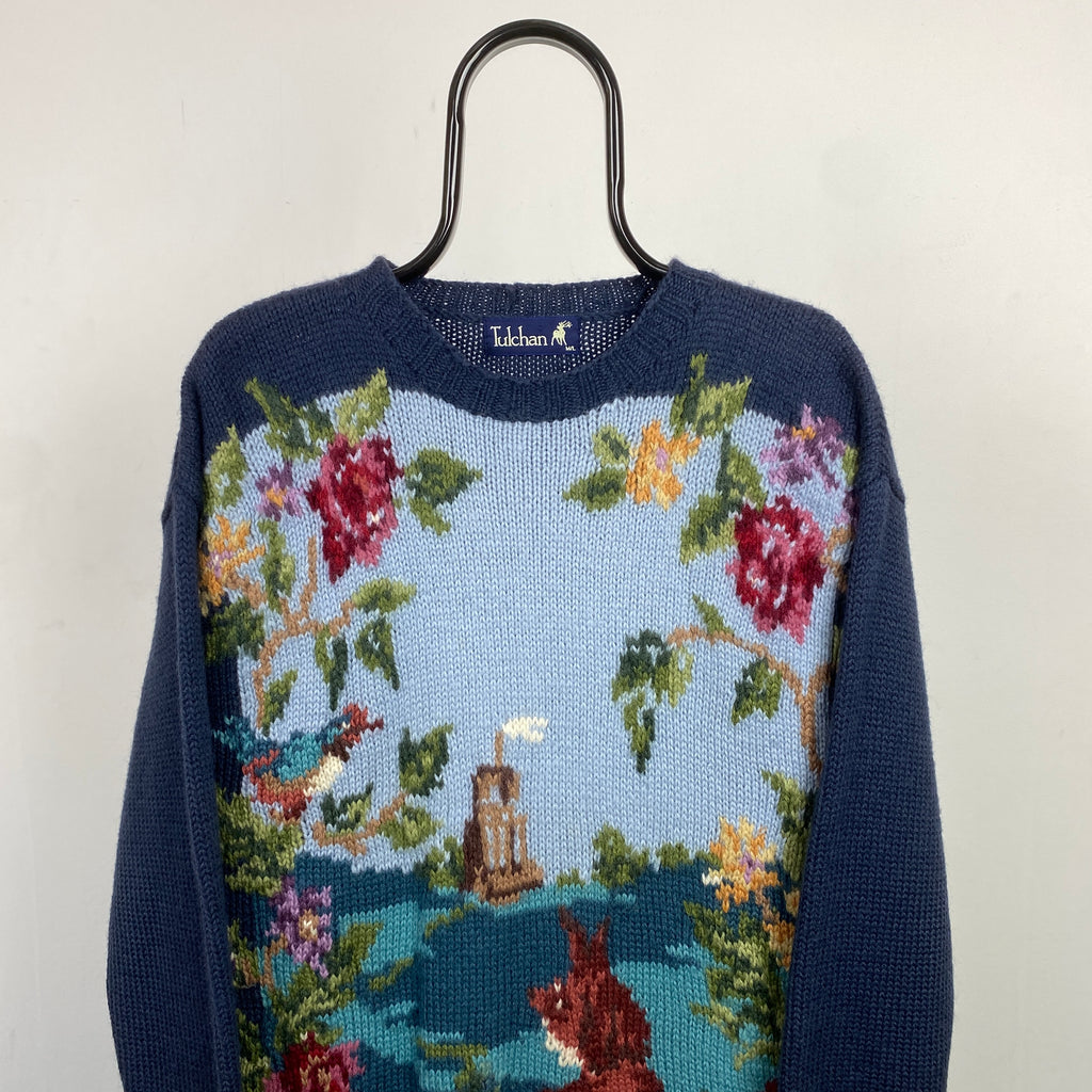 Retro Tulchan Tapestry Knit Sweatshirt Blue Large