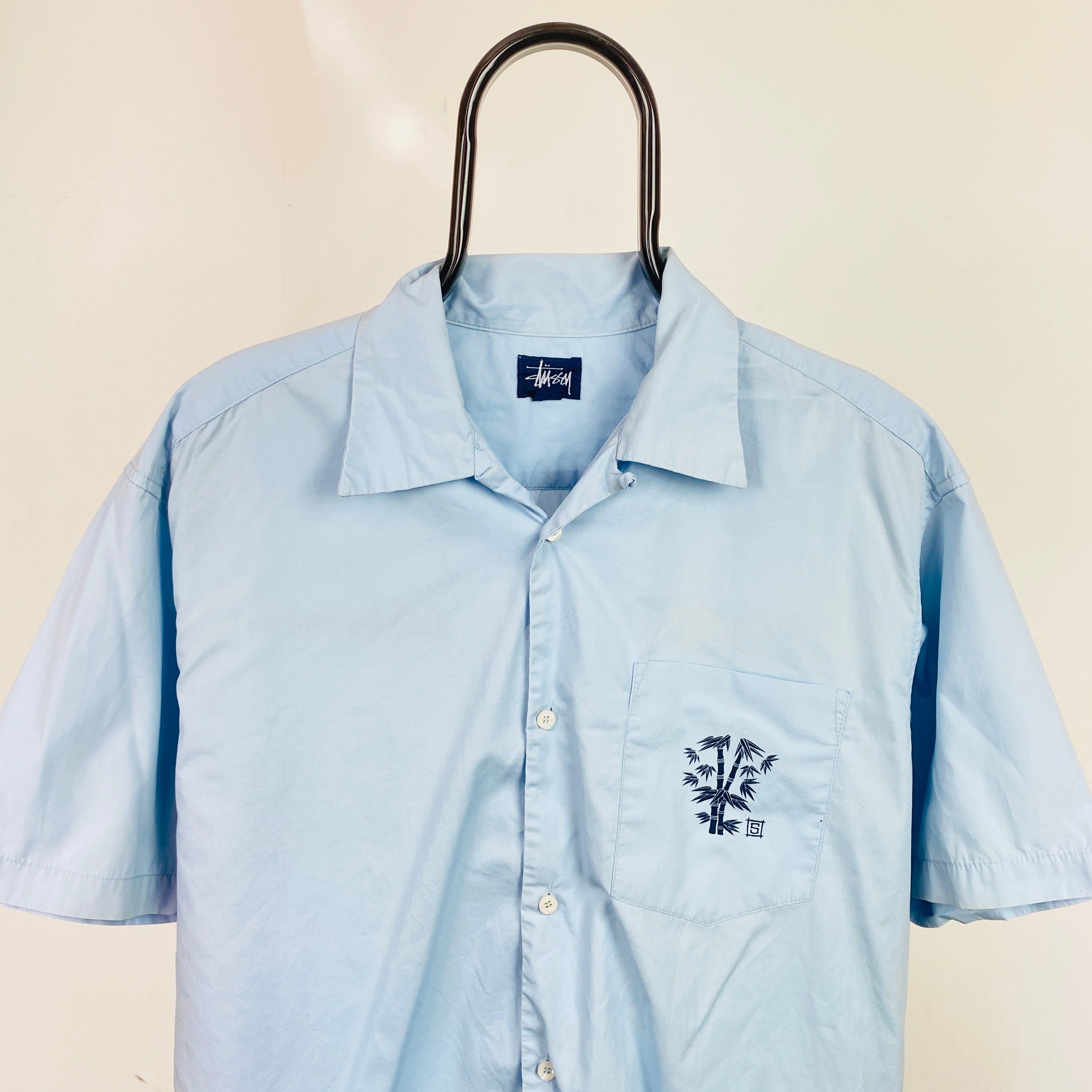 Retro 00s Stussy Button Shirt T-Shirt Blue Medium