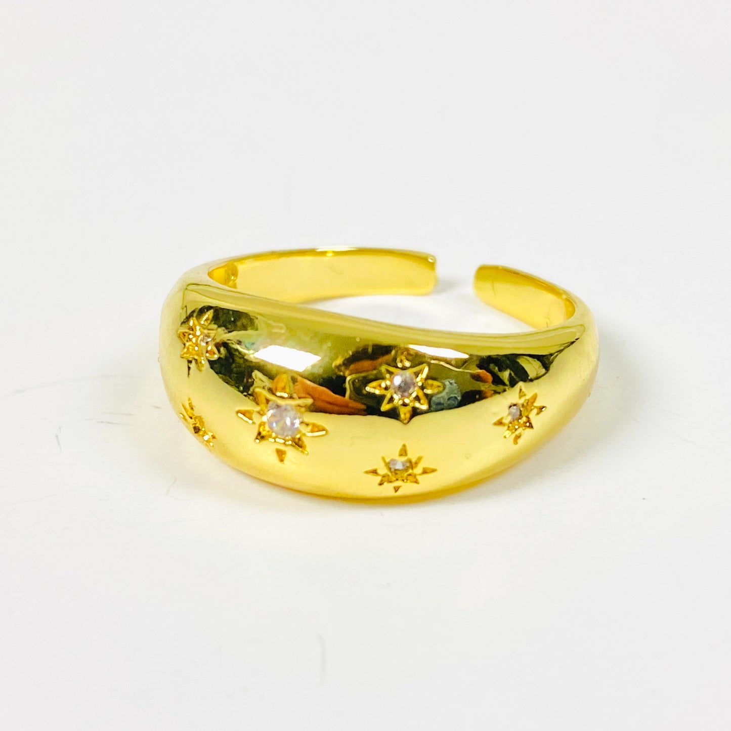 Adjustable Engraved Star Dome Ring Gold