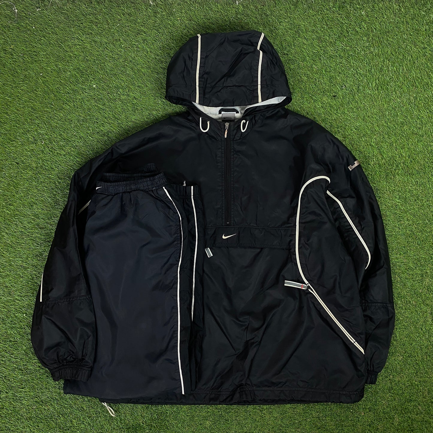 00s Nike Piping Windbreaker Jacket + Joggers Tracksuit Set Black Medium