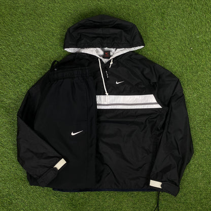 90s Nike Piping Windbreaker Jacket + Joggers Set Black Medium