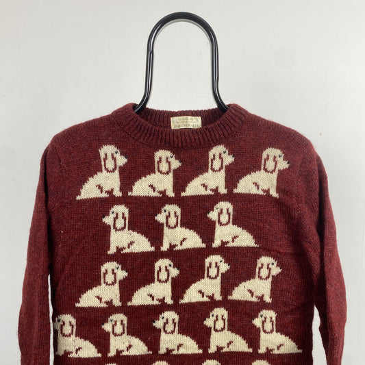 Retro 90s Dog Wool Knit Sweatshirt Red XS