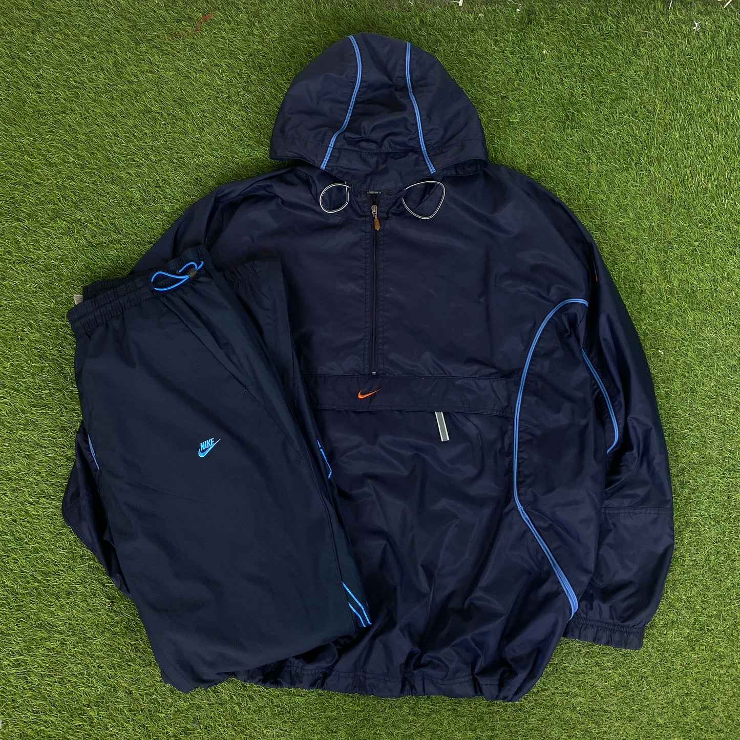 90s Nike Piping Windbreaker Tracksuit Set Jacket + Joggers Blue XL