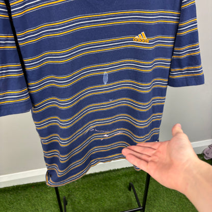 90s Adidas Striped T-Shirt Blue Large