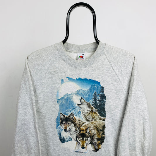 Retro 90s Fruit Of The Loom Wolf Sweatshirt Grey Small