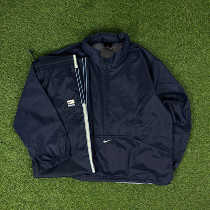 90s Nike Waterproof Windbreaker Jacket + Joggers Set Blue Small