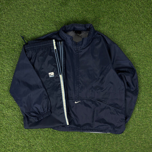 90s Nike Waterproof Windbreaker Jacket + Joggers Set Blue Small