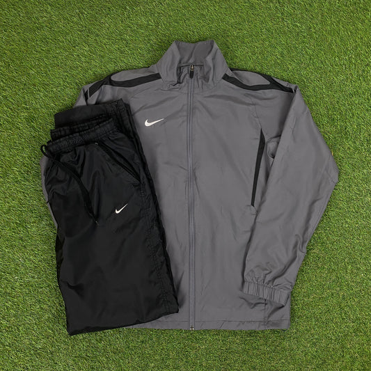 00s Nike Piping Windbreaker Jacket + Joggers Set Grey Medium