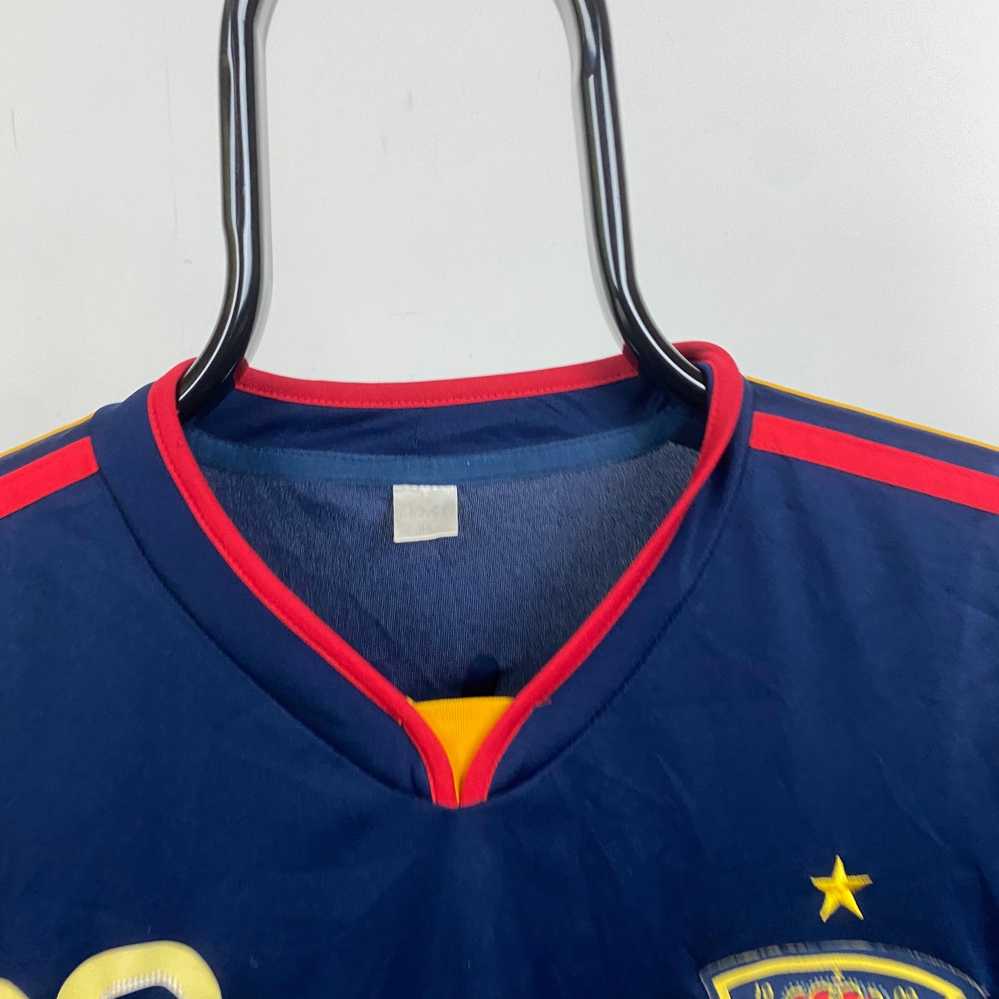 Retro Spain Fan Style Football Shirt T-Shirt Blue Large