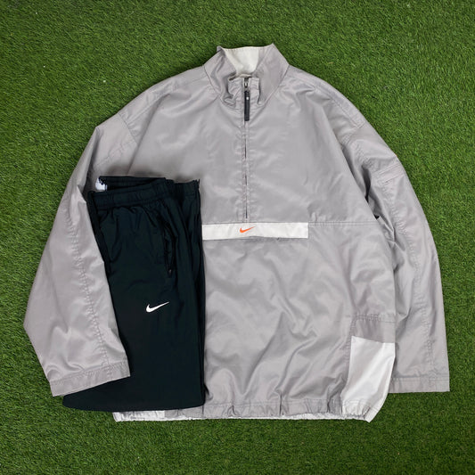 00s Nike Piping Windbreaker Tracksuit Set Jacket + Joggers Grey XL