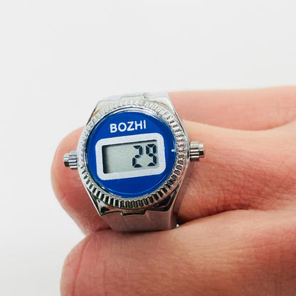 Retro Adjustable Digital Watch Ring Silver Blue