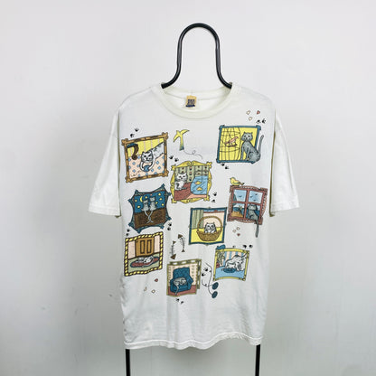 Retro 90s Cat T-Shirt White XL