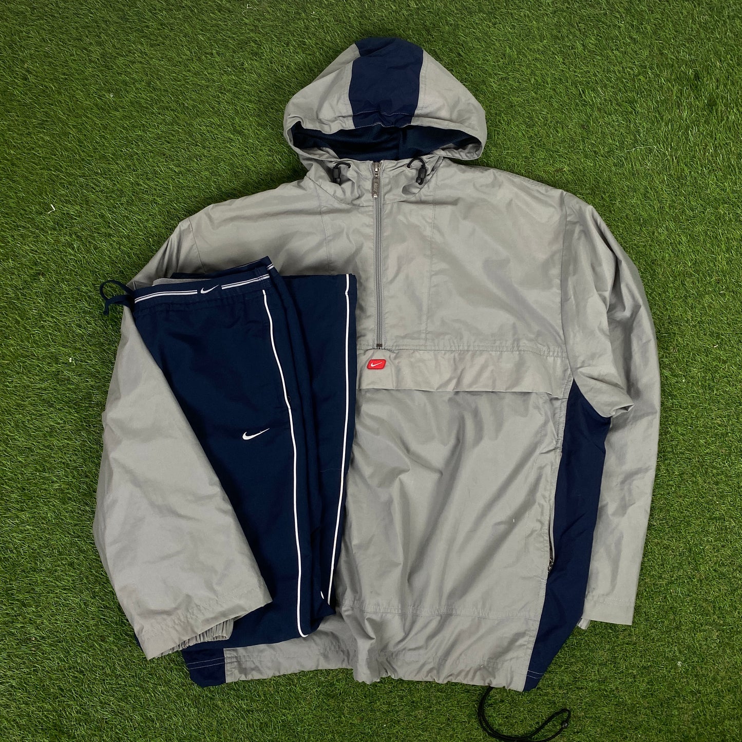 00s Nike Piping Windbreaker Jacket + Joggers Set Grey Medium