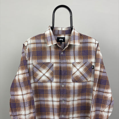 00s Stussy Plaid Shirt T-Shirt Purple Small