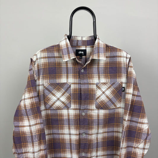 00s Stussy Plaid Shirt T-Shirt Purple Small