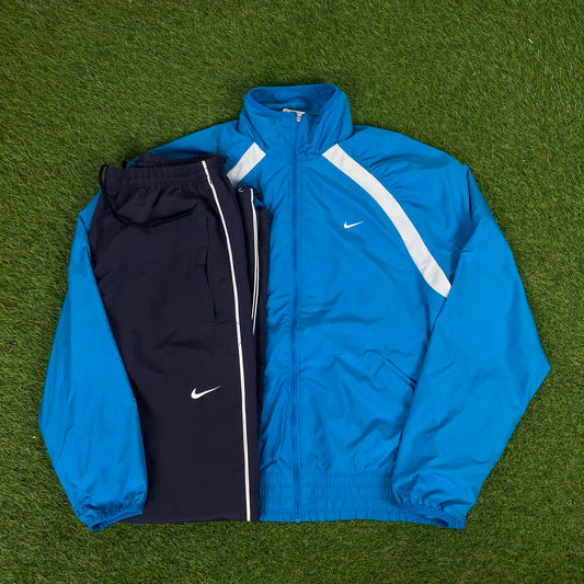 00s Nike Piping Windbreaker Tracksuit Set Jacket + Joggers Blue XL