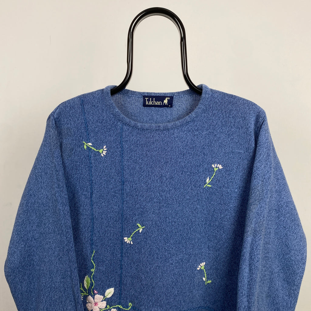 Retro Tulchan Flower Knit Sweatshirt Blue Small