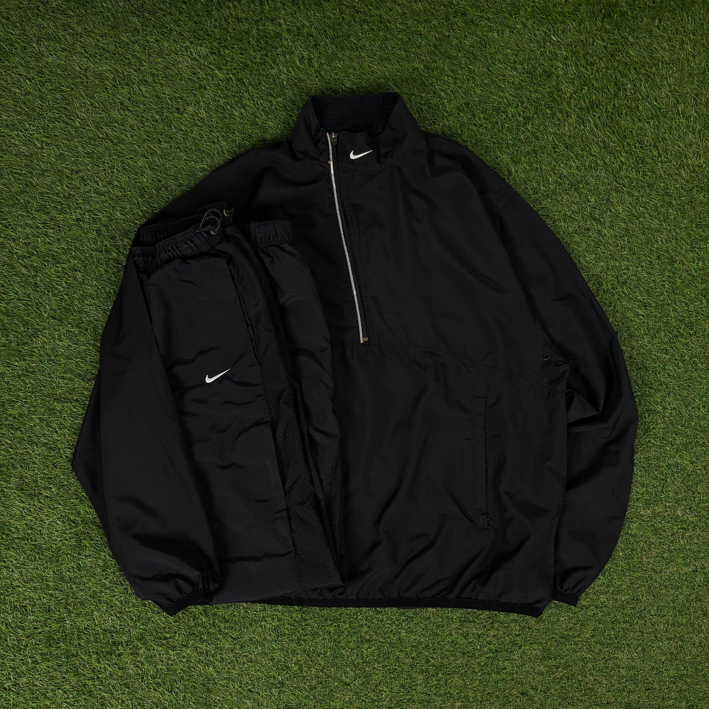 00s Nike Piping Windbreaker Jacket + Joggers Set Black Medium