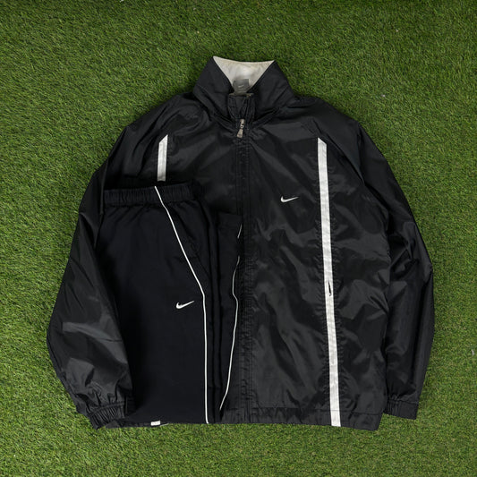 00s Nike Piping Windbreaker Jacket + Joggers Set Black Medium