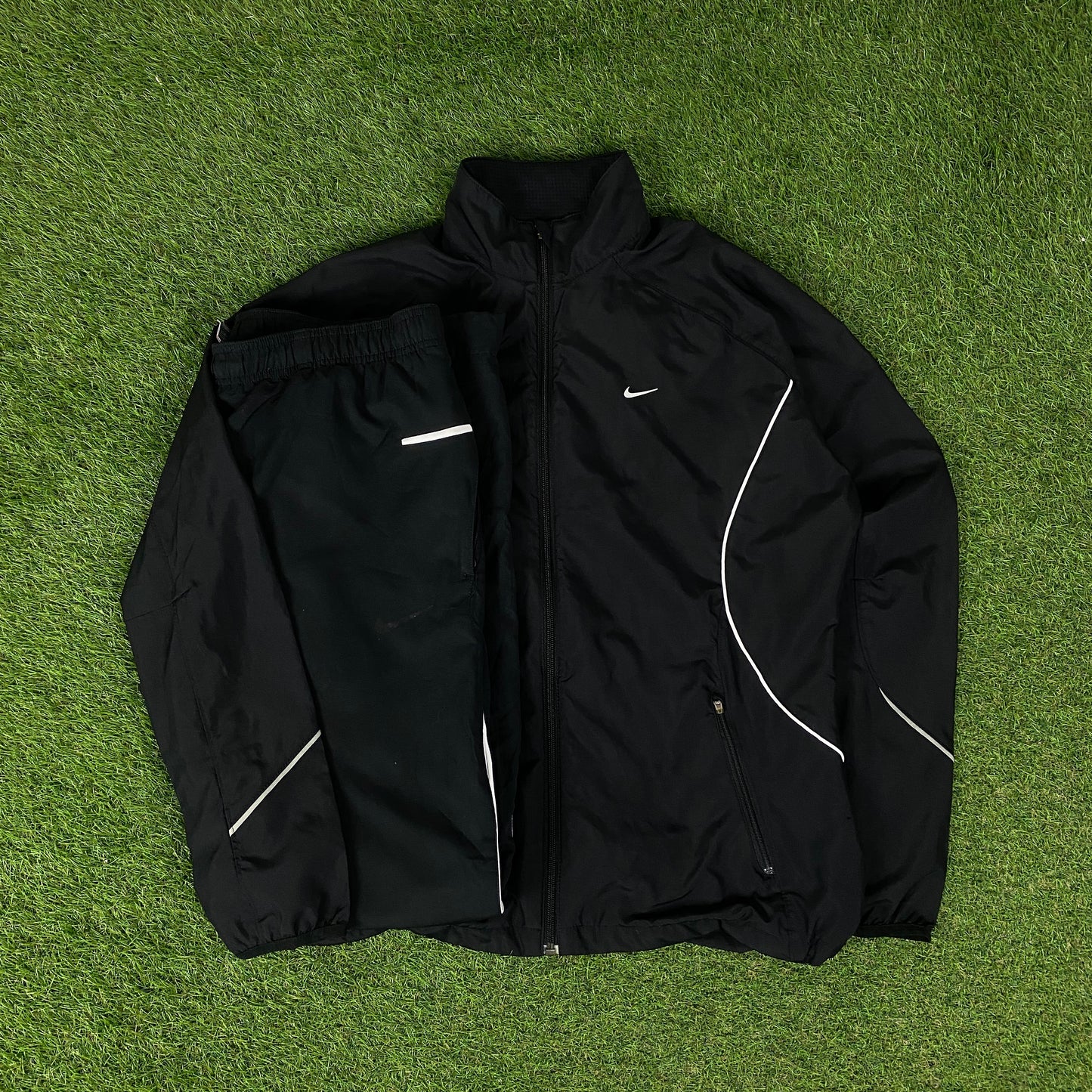 00s Nike Piping Windbreaker Tracksuit Set Jacket + Joggers Black XL