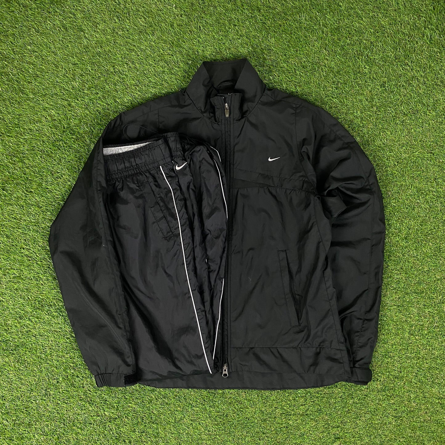 00s Nike Piping Windbreaker Jacket + Joggers Set Black Medium