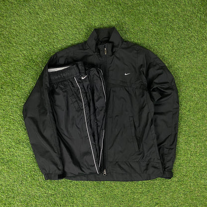 00s Nike Piping Windbreaker Jacket + Joggers Set Black Medium
