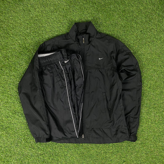 00s Nike Piping Windbreaker Jacket + Joggers Set Black Medium