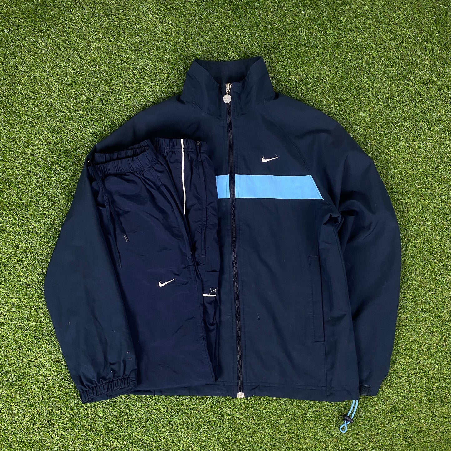 00s Nike Piping Windbreaker Jacket + Joggers Set Blue Small