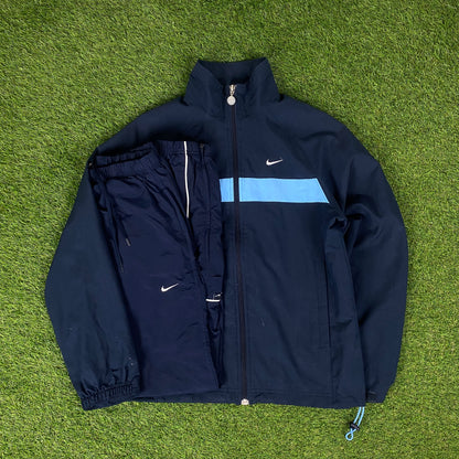 00s Nike Piping Windbreaker Jacket + Joggers Set Blue Small