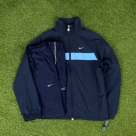 00s Nike Piping Windbreaker Jacket + Joggers Set Blue Small