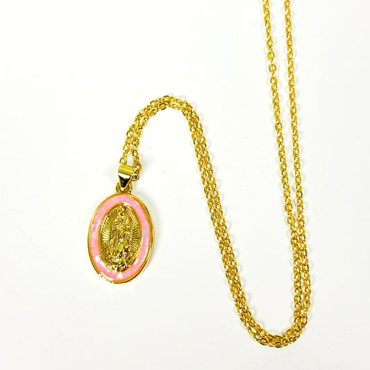 Jesus Gemstone Necklace Gold Pink