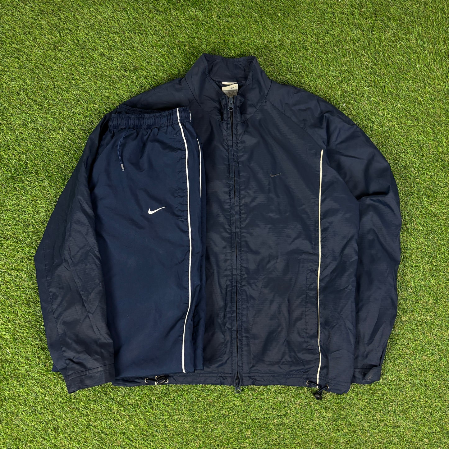 00s Nike Piping Windbreaker Jacket + Joggers Set Blue Small